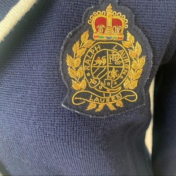 VTG LAUREN RALPH LAUREN Womens Merino Wool Cardi Jacket size M Navy Gold Crest. - Picture 3 of 16